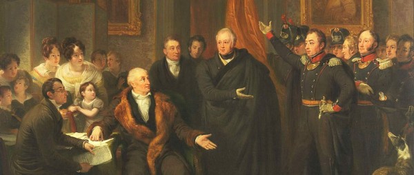 De aanvaarding van het Algemeen Bestuur in naam van de Prins van Oranje ten huize van Gijsbert Karel van Hogendorp op 21 november 1813. Gedeelte van een schilderij door Jan Willem Pieneman (circa 1828). Collectie Rijksmuseum te Amsterdam.