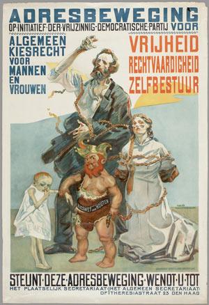 affiche uit 1914 van de Vrijzinnig-Democratische Bond. Ontwerper: Martin Monnickendam
