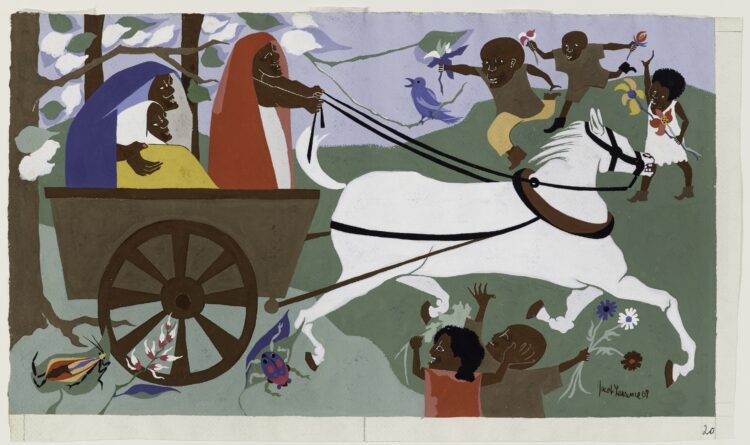 Jacob Lawrence, The Last Journey (Harriet and the Promised Land), 1967. Gouache, tempera en grafiet op papier, 39,7 x 68 cm, Cantor Arts Center, Stanford University, Gift of Dr. Herbert J. Kayden and Family in memory of Dr. Gabrielle H. Reem, 2013.100.